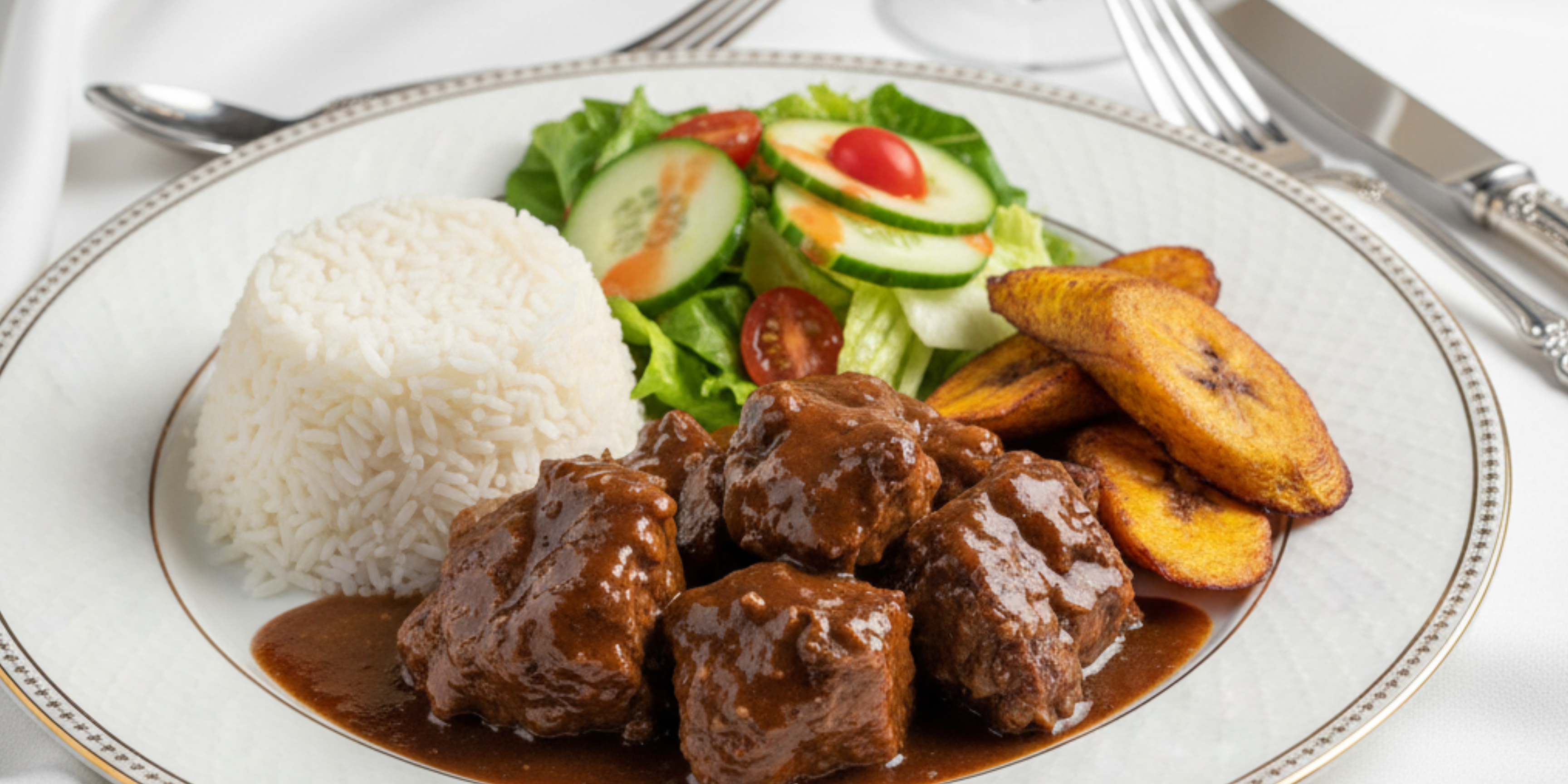 Authentic Jamaican catering meal with rice, meat, plantain and salad